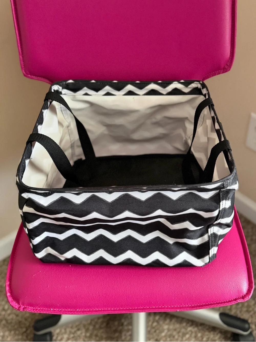 Thirty-One Square Utility Tote in black and white chevron